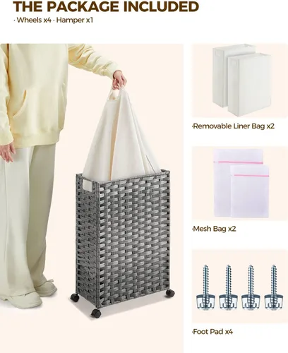 Miniatura 3 de GREENSTELL - Cesta de ropa con ruedas, 45 l (11.9 galones), cesto pequeño de ratán para ropa con 2 bolsas extraíbles y 2 bolsas de malla, cesto