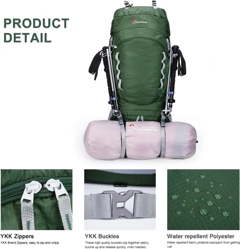 Miniatura 6 de MOUNTAINTOP Mochila de marco interno de 80L para hombre y mujer Mochila de senderismo con cubierta de lluvia Verde oscuro-80l