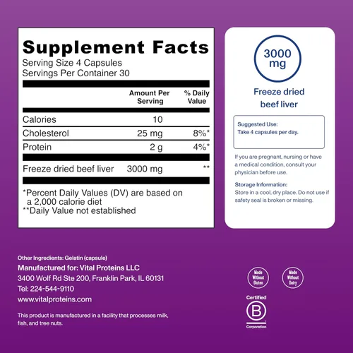 Miniatura 4 de Hígado de ganado alimentado con grama, criado pasto de Vital Proteins (120 Cápsulas, 0,026 oz cada una)