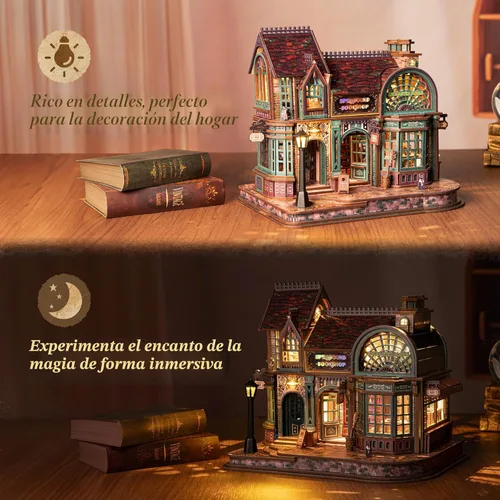 Miniatura 6 de FUNPOLA Rompecabezas de madera 3D con luces LED, kit en miniatura de bricolaje, librería hechizada, exhibición de decoración del hogar, regalo