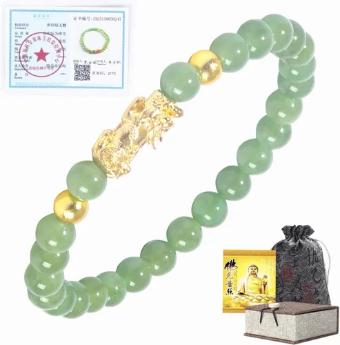 Miniatura 10 de Feng Shui Wealth Lucky Bracelet with Light Green Real Jade Bracelet for Women Men, 24K Gold Plated PiXiu Dragon Protection Bracelet Mantra Prayer