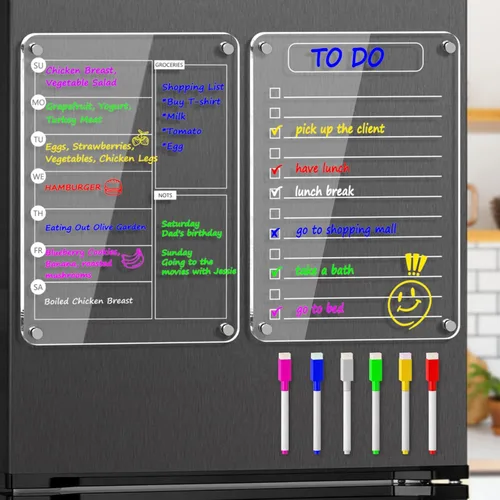 Planificador semanal de acrílico magnético y juego de lista de tareas para refrigerador – 8"×12" pizarras transparentes de borrado en seco con 6