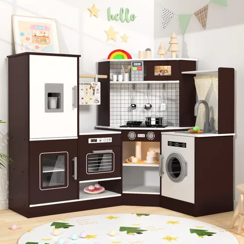 Babytronic Juego de Cocina de Juguete de Madera de Esquina para Niños con Luces y Sonidos, Set de Cocina de Juguete con Estufa, Microondas, Máquina
