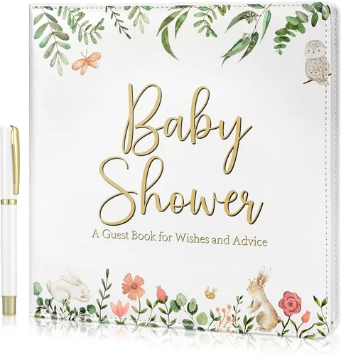 Miniatura 13 de Engrowtic Libro de invitados de cuero para baby shower con bolígrafo, 112 páginas para el día de Acción de Gracias, libro de invitados con fecha
