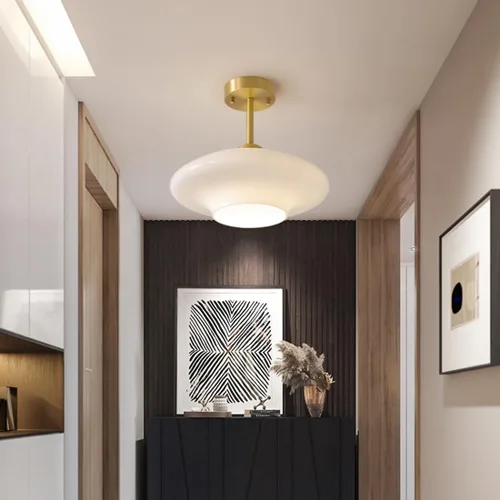 Miniatura 4 de Lámpara de techo de vidrio blanco moderna de montaje semiempotrado con pantalla de cúpula de globo de leche, luces de techo de mediados de siglo