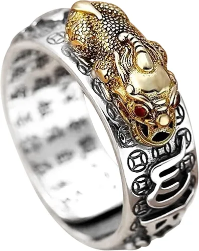 RUIFUU Feng Shui Pixiu Mantra Anillo Lucky Wealth Love Health Anillo Budista Joyería para Hombres Mujeres, Cobre, oro, plata