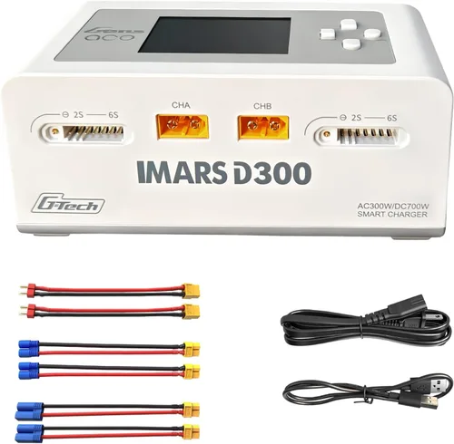 Lipo Cargador de batería, cargador Gens Ace IMARS D300 G-Tech Series Smart Dual Lipo Balance Charger 16A AC 300W DC 700W (350W* 2) Cargador de Blanco