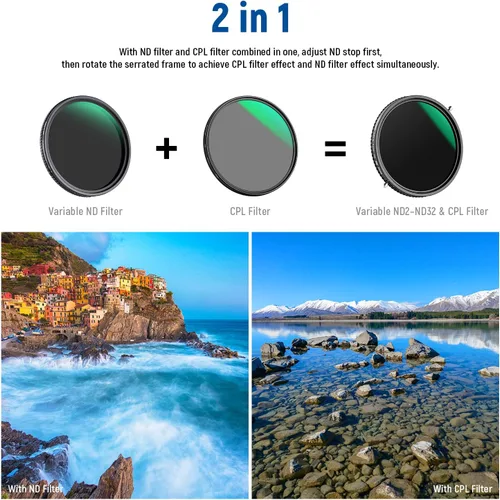 Miniatura 2 de NEEWER 2 en 1 Filtro ND Variable de 55 mm ND2–ND32&CPL (Filtro Polarizador Circular) Sin X Cross/30 Capas Nano Recubierto/Vidrio Óptico HD/Marco