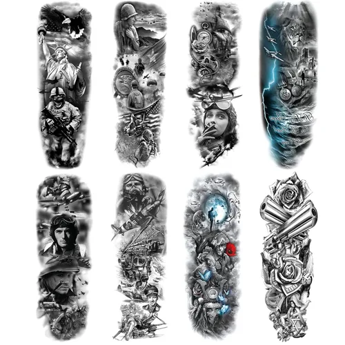 Miniatura 13 de Adhesivos de manga de tatuajes falsos de lobo león, brazo completo, dragón animal, tribal, mangas temporales de tatuaje para hombres, mujeres