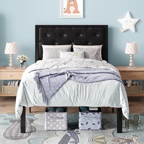 SHA CERLIN Base de cama de plataforma tamaño individual con estructura de metal, cabecero tapizado de cuero PU con botones, base de colchón con 31.5