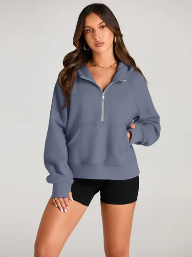 Miniatura 2 de AUTOMET Sudaderas con capucha para mujer, con media cremallera, chaquetas de vellón, tops de gran tamaño, trajes de otoño, ropa de moda de invierno