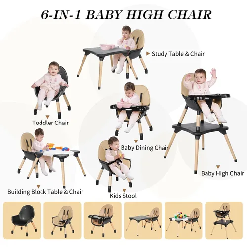 Miniatura 2 de Silla alta 6 en 1 para bebés y niños pequeños, silla alta de madera convertible, juego de mesa y silla, silla de alimentación para bebé, arnés Negro
