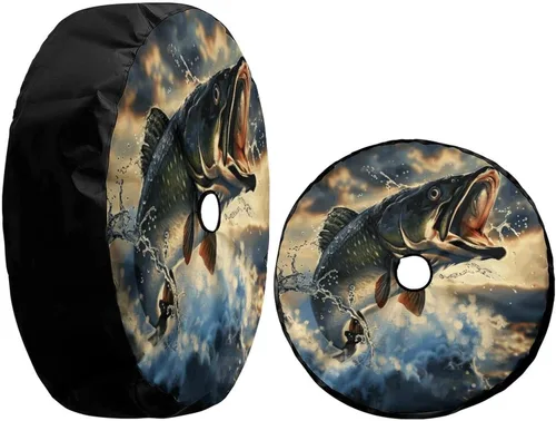Miniatura 3 de Dujiea Bass Fish - Cubierta de neumático de repuesto con orificio para cámara de respaldo, cubierta universal de rueda y protector de neumáticos