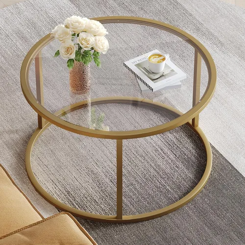 Miniatura 2 de SAYGOER Mesa de café pequeña de vidrio, mesa de café redonda dorada para espacios pequeños, mesa central moderna y simple con marco dorado para sala