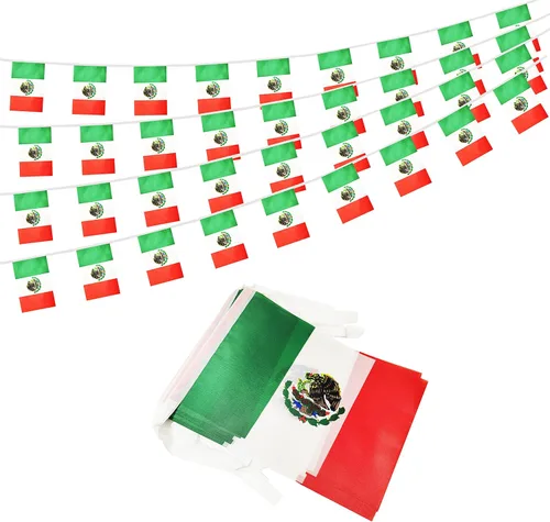 Miniatura 18 de Bandera mexicana de 100 pies, mini bandera de México, pequeña pancarta para fiestas, tiendas y bares, decoración al aire libre, 76 banderas México