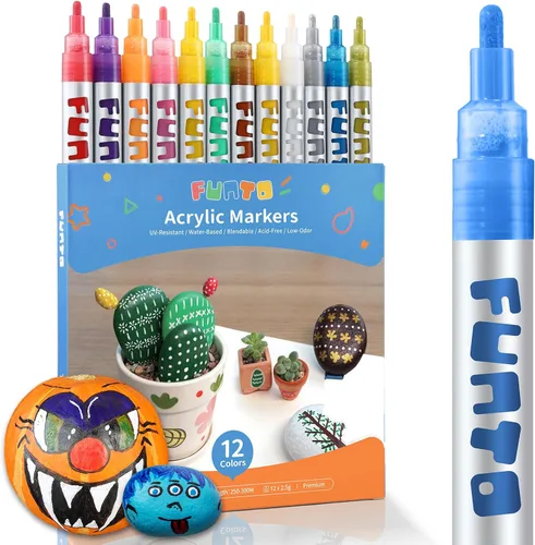 Funto Bolígrafos de pintura acrílica para pintura roca, tela, madera, lienzo, metal, cerámica, vidrio, juego de marcadores de pintura de 12 colores,
