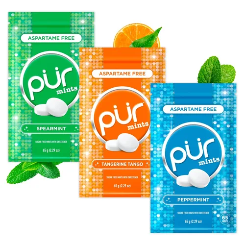 Miniatura 18 de PUR Mentas Mentas para aliento fresco sin aspartame Elaboradas con xilitol Sin azúcar, veganas, sin gluten Sabor natural a menta piperita