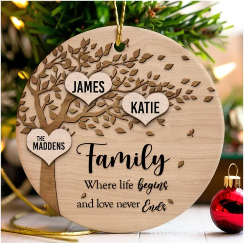Miniatura 2 de Family Where Life Begins and Never Ends - Adorno de Navidad personalizado de cerámica de 3 pulgadas con caja de regalo (2 nombres)