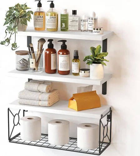 Amada - Estantes de baño con cesta de almacenamiento, estante de pared flotante para organización del hogar y decoración de pared, estantes de Blanco
