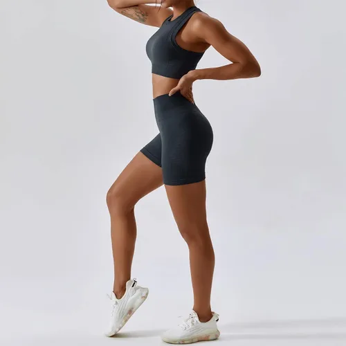 Miniatura 42 de Conjuntos de entrenamiento para mujer, 2 piezas, sin costuras, acanalada, sin mangas, brasier deportivo, cintura alta, pantalones cortos