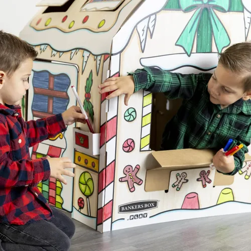 Miniatura 2 de Bankers Box at Play Color in Holly Jolly Playhouse, casa de juegos de cartón y actividad artesanal de tamaño real para niños y familias
