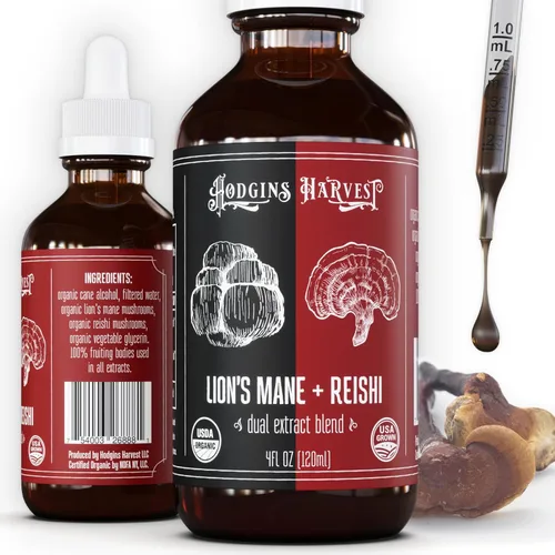 Hodgins Harvest Melena de león orgánica + tintura de reishi | Fabricado con hongos cultivados en nuestra granja en los Estados Unidos | Extracto