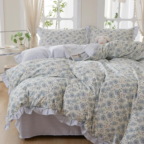 Miniatura 37 de HighBuy Juego de funda de edredón vintage con volantes y estampado de rayas francesas, 100% algodón con cierre de cremallera, juego de ropa de cama