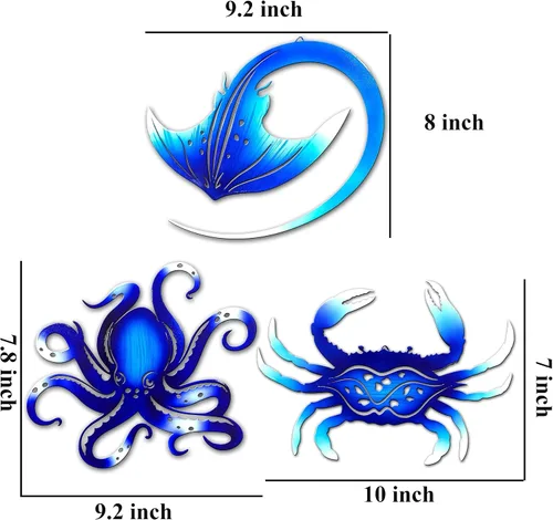 Miniatura 7 de BVLFOOK Decoración de pared de metal, pulpo, cangrejo, manta raya, océano náutico costero, decoración de San Valentín, concisa de 9 pulgadas, juego