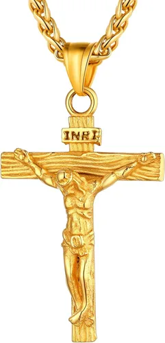 U7 Colgante de cruz de crucifijo para hombre con cadena de bautismo, joyería cristiana, acero inoxidable, oro de 18 quilates, collar antiguo de