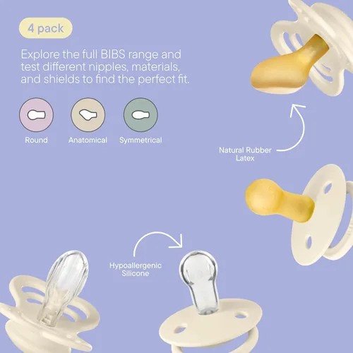 Miniatura 3 de BIBS Colección Try-It Paquete de 4 Chupetes Pezón Redondo, Anatómico y Simétrico Libre de BPA Látex de Goma Natural/Silicona Fabricado