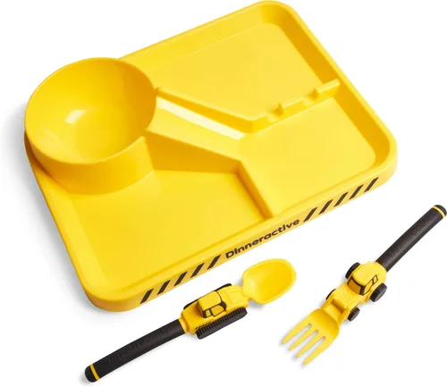 Dinneractive Juego de comedor para niños – 3 piezas con temática de construcción y platos para niños pequeños – Tenedores y cucharas para niños