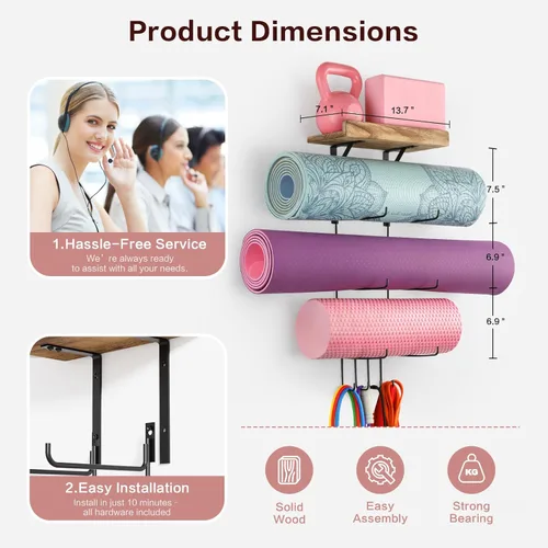 Miniatura 5 de VINAEMO - Soporte para esterilla de yoga, accesorios, organizador de montaje en pared, almacenamiento, decoración, rodillo de espuma y Negro