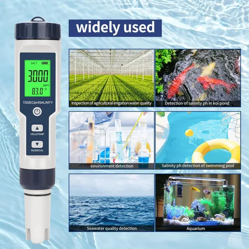 Miniatura 7 de Probador de sal de piscina, probador digital de agua de piscina, preciso y confiable, salinidad, medidor de pH, EC, TDS y temperatura 5 en 1; kit