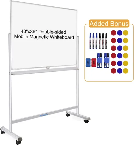 Miniatura 14 de H-Qprobd Pizarra blanca móvil de 60"x48" pulgadas de doble cara magnética de borrado en seco sobre ruedas - Pizarras blancas rodantes comerciales