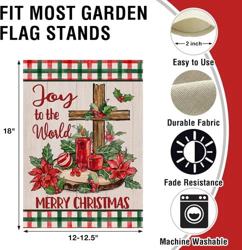 Miniatura 2 de Artofy Bandera de jardín decorativa pequeña cristiana de Feliz Navidad, cruz religiosa, flor de pascua, decoración exterior de césped, vela
