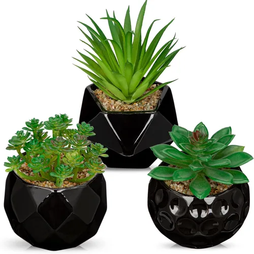 Briful Plantas suculentas artificiales en macetas de cerámica, juego de 3 suculentas artificiales con macetas geométricas negras, decoración moderna