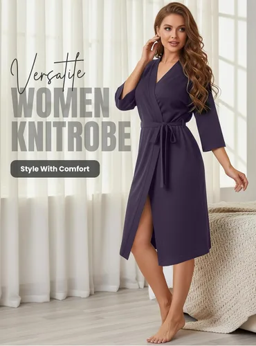 Miniatura 5 de NY Threads Bata de baño de punto largo para mujer, manga 34, kimono suave, ligero, ropa de descanso