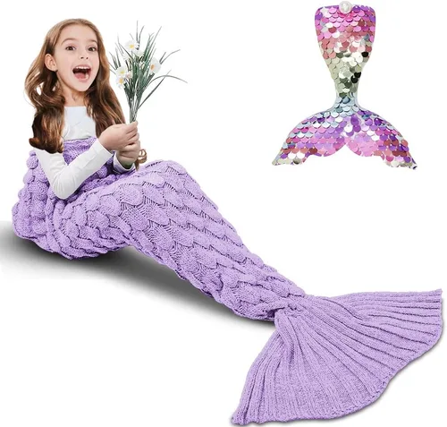 Miniatura 17 de AmyHomie Manta de cola de sirena, manta para niños, saco de dormir de sirena de ganchillo, regalo de sirena para niñas (azul claro, niños)