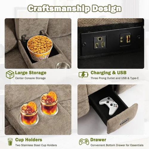 Miniatura 5 de Sofá biplaza reclinable manual con soporte ajustable de 360°, almacenamiento de consola central con carga tipo C y USB, reposacabezas ajustable