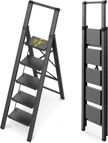 Miniatura 10 de WOA WOA Escalera de 6 peldaños, escaleras plegables ligeras con peldaños anchos, escalera delgada para espacios estrechos, escalera alta para techos
