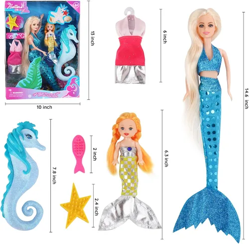 Miniatura 4 de BETTINA Muñeca Princesa Sirena con Muñeca Sirena Pequeña y Set de Juego de Caballito de Mar Regalos de Sirena para Niñas Juguetes de Sirena