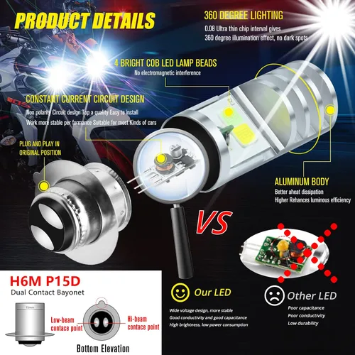 Miniatura 3 de 2 piezas 9-48V Bombillas LED para ATV, luz baja azul hielo, luz alta blanca H6M P15D para motocicleta, Yamaha, ATVS YFM350 450 400 660 700 Raptor.