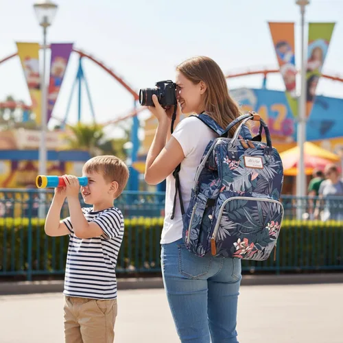 Miniatura 8 de Mochila floral para pañales con puerto de carga USB, correas para cochecito y bolsillo aislado, mochila de viaje para mujeres/madres