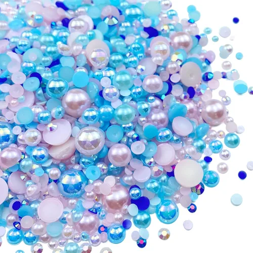 Diamantes de imitación de resina mixta de 3.53 oz con parte trasera plana, perlas semicirculares, tamaños mixtos de 0.116 a 0.394 pulgadas, color
