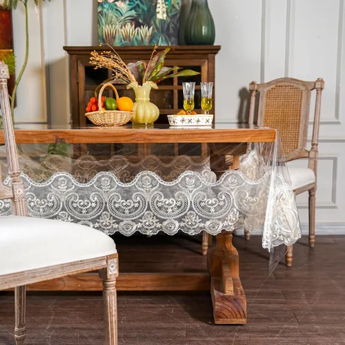 Miniatura 6 de ARTABLE Mantel rectangular de vinilo de PVC, impermeable, transparente, con borde de macramé de encaje champán, para boda, cocina, hogar