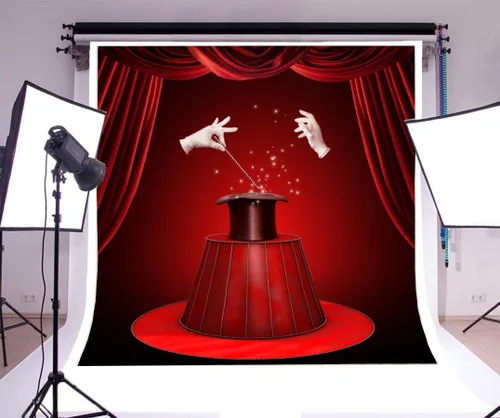 Miniatura 3 de Yeele Fondo de espectáculo mágico de 10 x 10 pies para fotografía, cortina roja de circo, guantes blancos, sombrero negro, fondo de teatro, mago