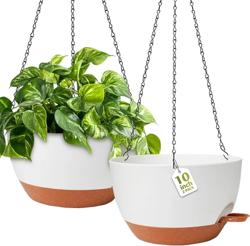 Miniatura 12 de GARDIFE Macetas colgantes para plantas de interior y exterior, juego de 2 macetas colgantes de riego automático con agujeros de drenaje y bandeja