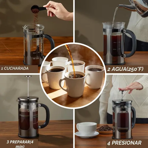 Miniatura 5 de BAYKA cafetera y tetera de prensa francesa de acero inoxidable 304, con sistema de filtración de 4 niveles, vidrio de borosilicato grueso resistente