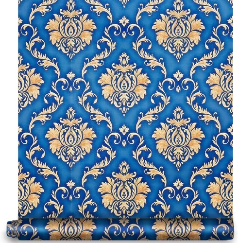 088 Papel tapiz de lujo para despegar y pegar de damasco, 17.7 pulgadas x 9.8 pies, color azul/marrón, extraíble, autoadhesivo, para estantes y