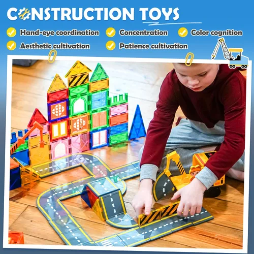 Miniatura 2 de Soyee 102 azulejos magnéticos con 2 autos y 2 grúas imán, construcción de juguetes para niños para juego creativo y aprendizaje STEM para niños